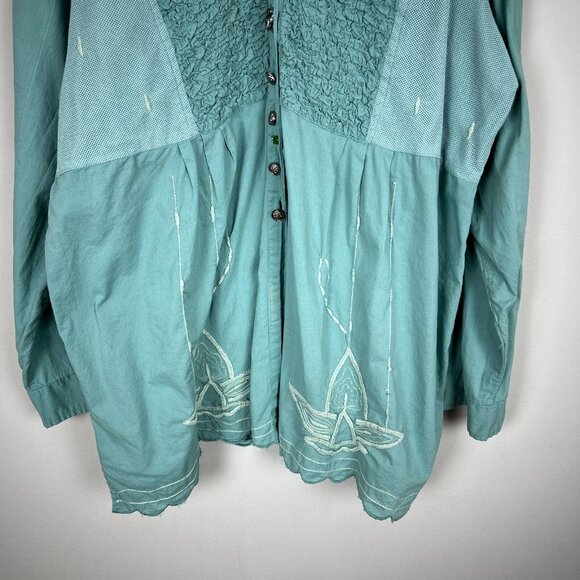 Parsley & Sage Tunic Top Womens 2X Green Blue Mixed Media Embroidered Button Up - Picture 5 of 15